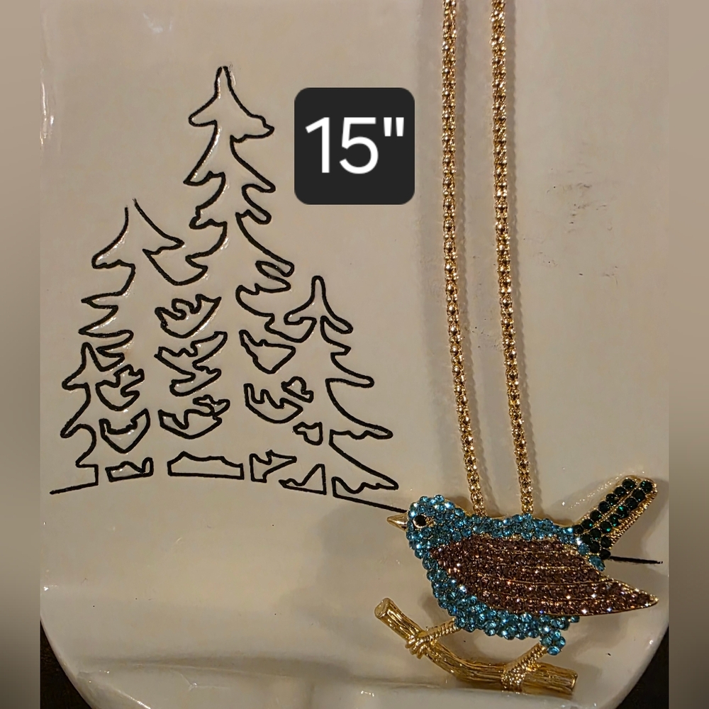 BETSY JOHNSON Gold Tone and Blue Bird Pendant/ Brooch Necklace
